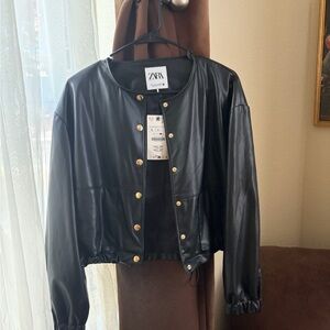 ZARA Black Faux Leather Cropped Jacket with Gold Buttons